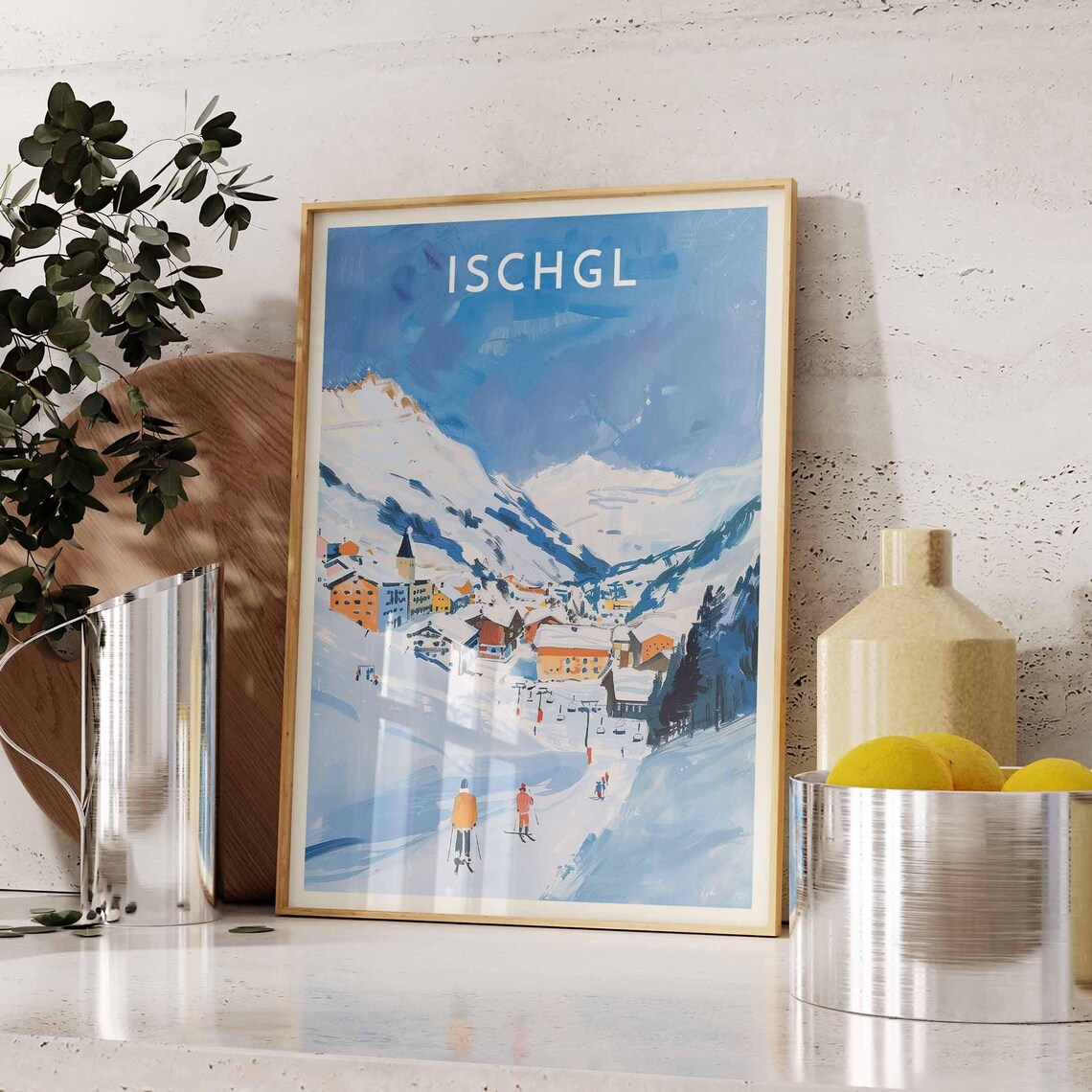 Ischgl Austria Valley Village Skiers Slope Winter Scene Poster