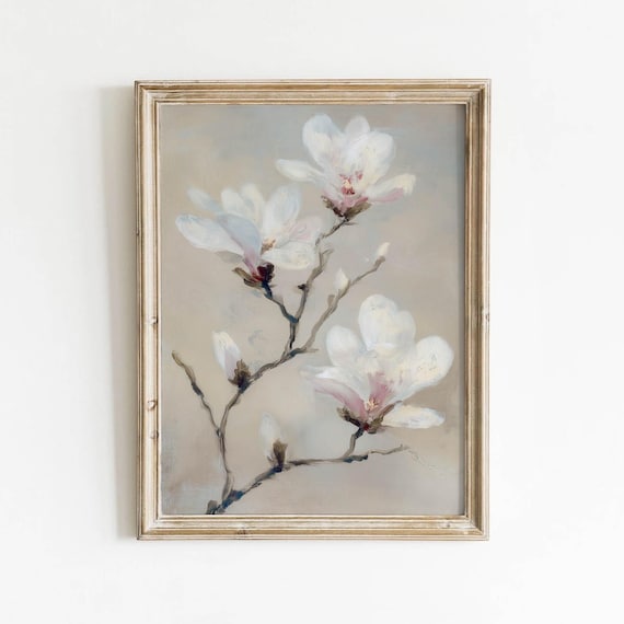 Soft White Magnolia Blossoms on a Branch Vintage Floral Poster