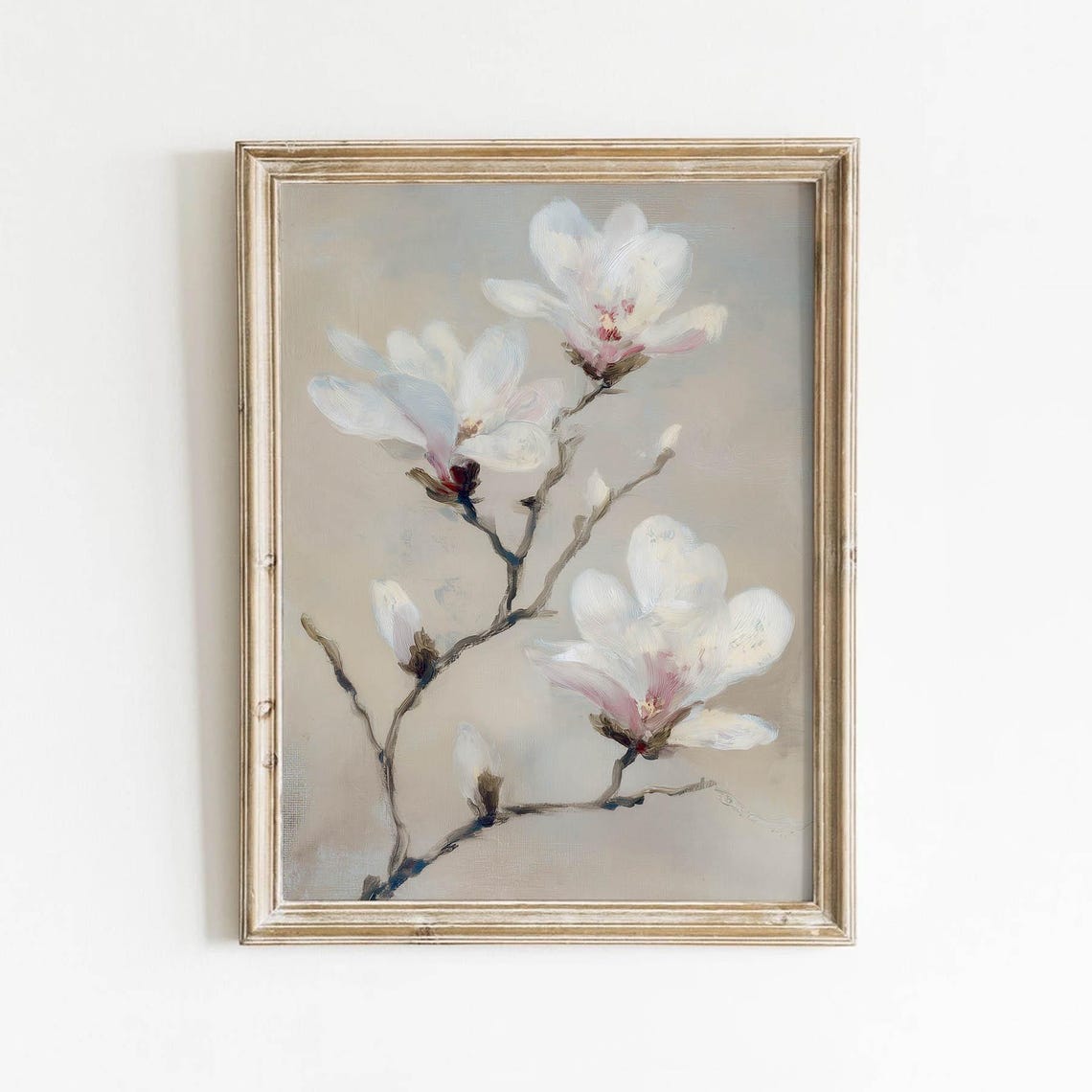 Soft White Magnolia Blossoms on a Branch Vintage Floral Poster