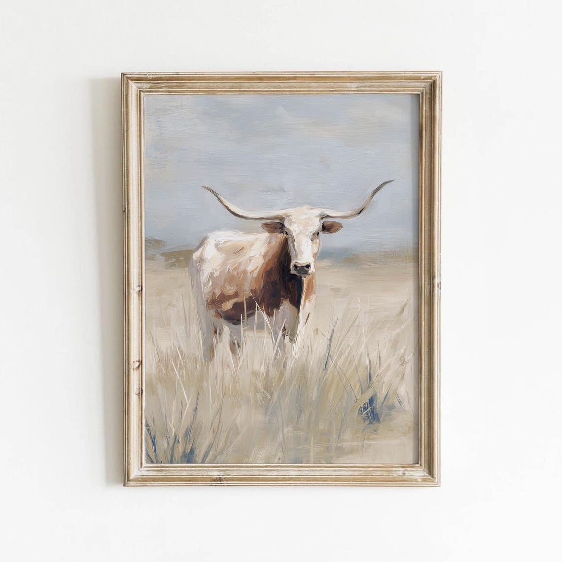 White and Brown Texas Longhorn Facing Forward in Tall Grass Poster
