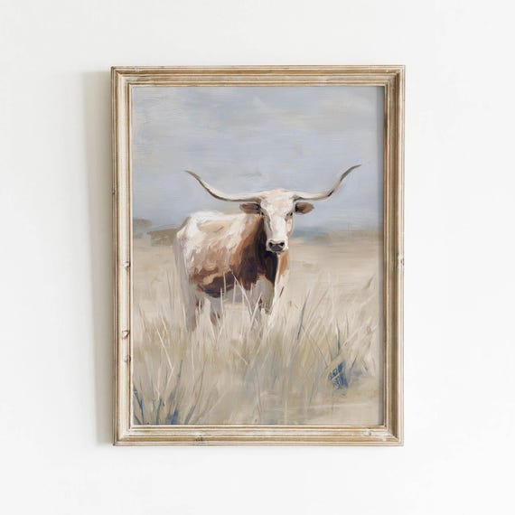 Muted Tan Brown Texas Longhorn Printable Rustic Western Wall Art Vintage Grassland Decor Neutral Farmhouse Painting Dusty Download 596