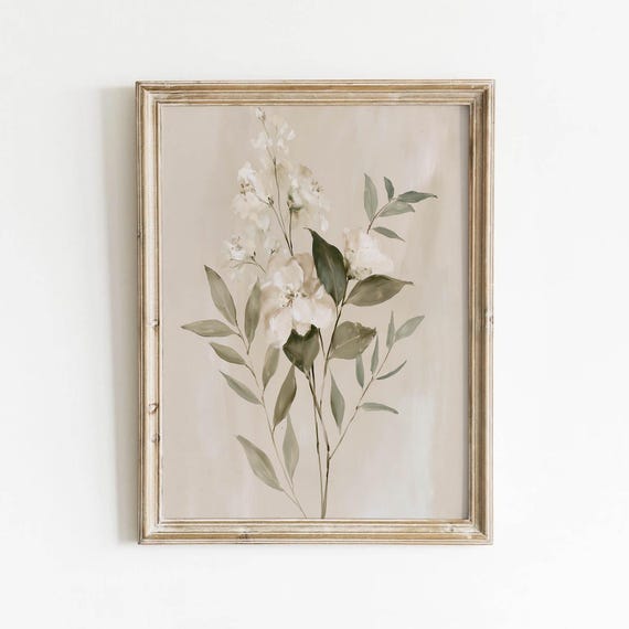 Soft White Botanical Flowers Printable Neutral Floral Wall Art Cottagecore Decor Beige Print Green Download 478