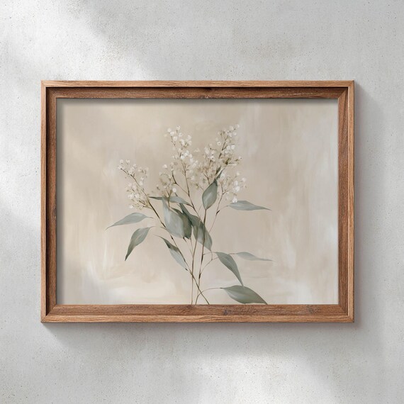 Printed Botanical Stem White Flowers Sage Green Leaves Neutral Farmhouse Wall Art Minimalist Painting Poster Print P472