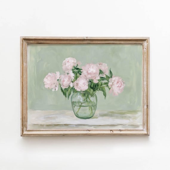 Pink Peonies in Glass Vase Soft Floral Oil Painting Wall Art