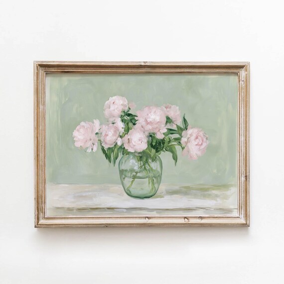 Printable Vintage Peony Flower Painting Soft Pink Blooms Green Vase Still Life Wall Art Digital Download Cottagecore Decor 655