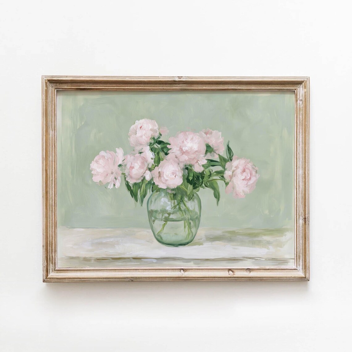 Pink Peonies in Glass Vase Soft Floral Oil Painting Wall Art