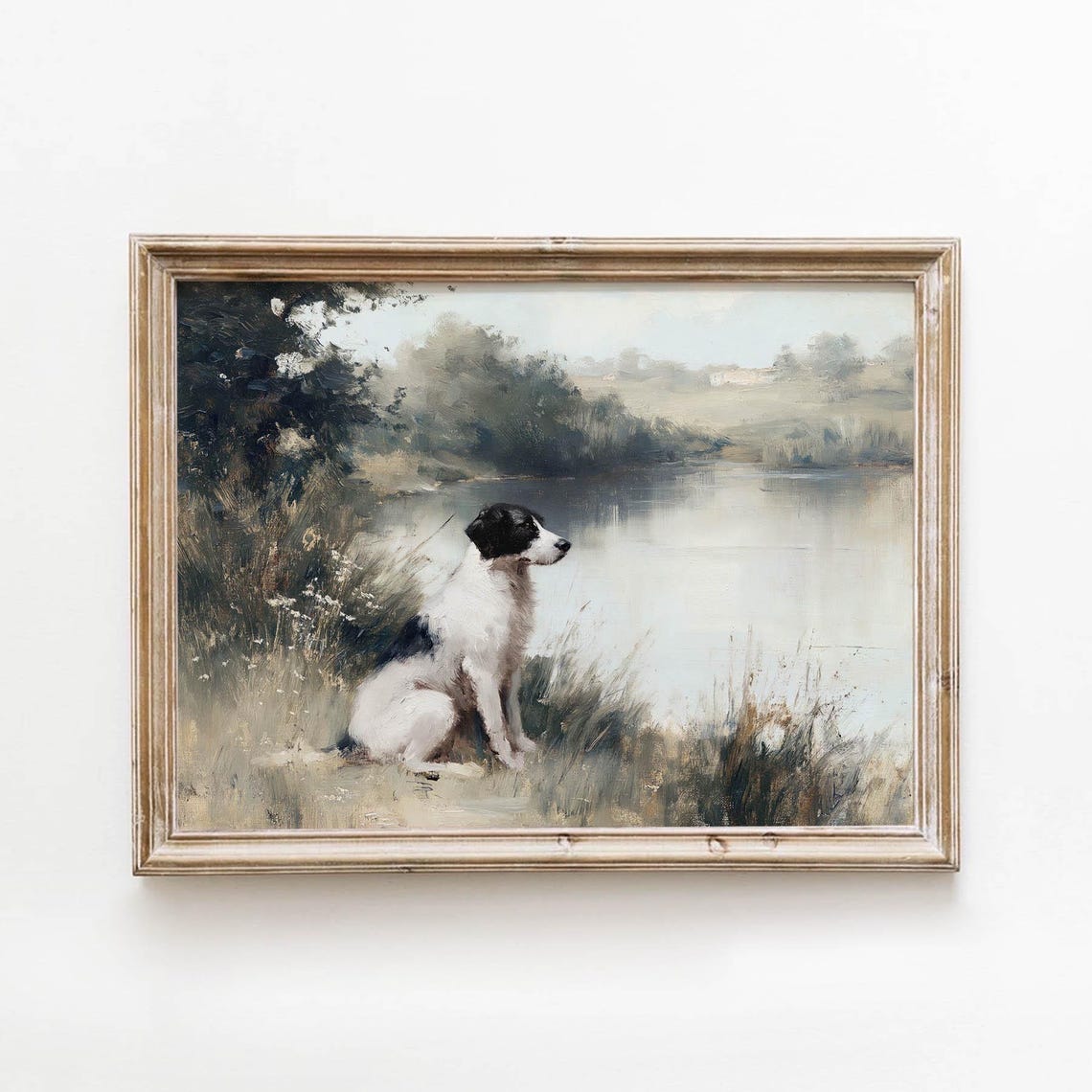 Black And White Dog By Lake Moody Vintage Oil Painting Wall Art