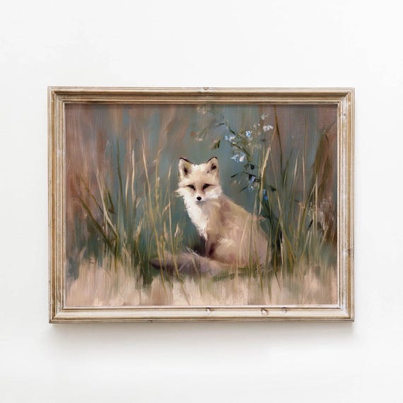 Vintage Red Fox Tall Grass Printable Sage Golden Wall Art Woodland Cottagecore Decor Digital Download 631
