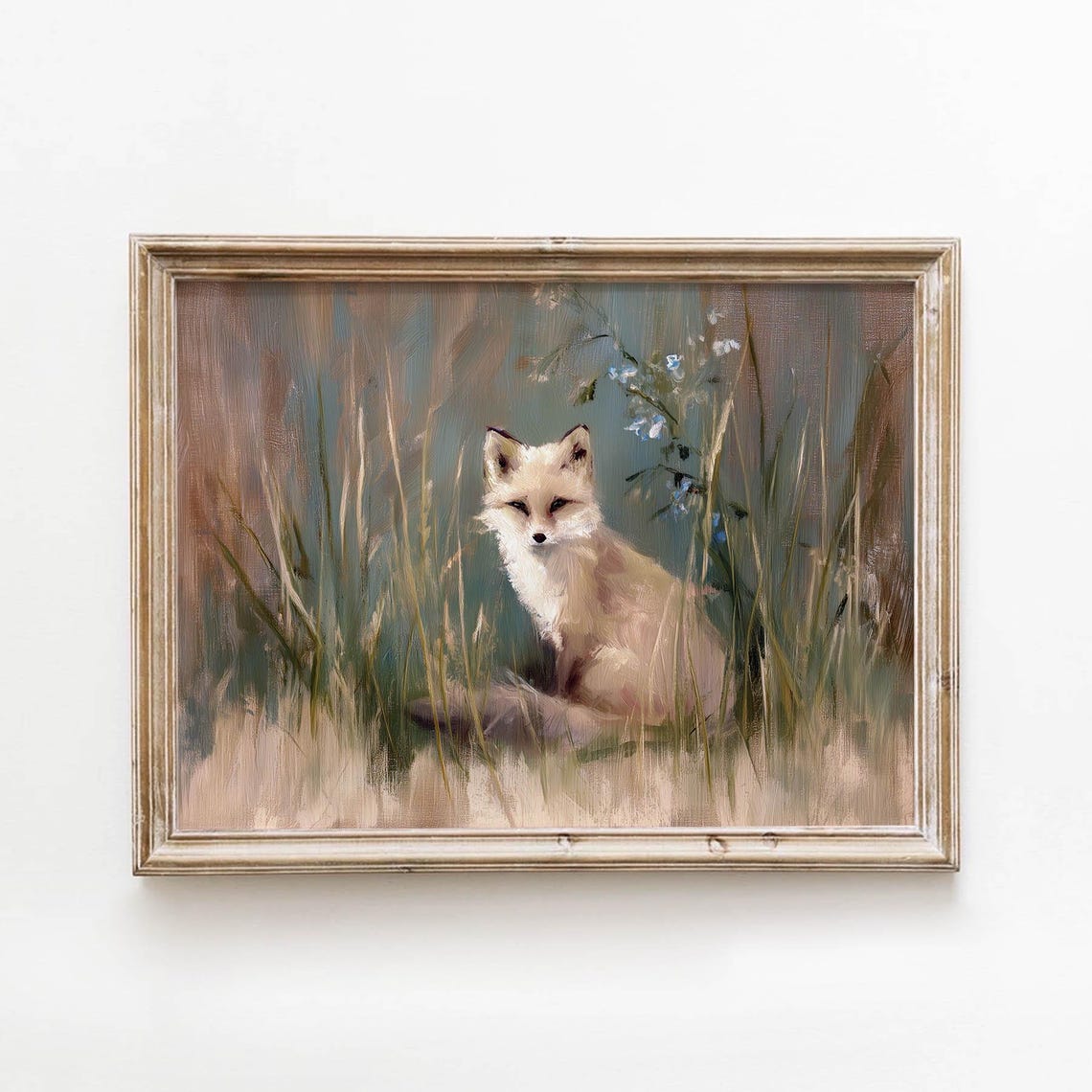 White Fox Sitting in Tall Grass Soft Impressionist Wildlife Art Poster