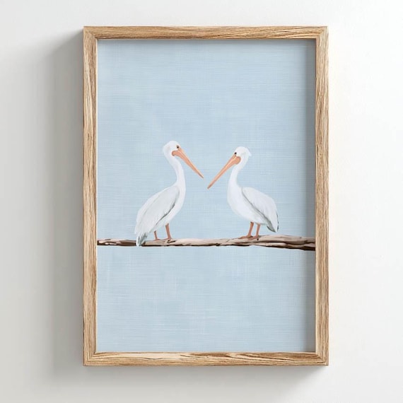 Printed Pelicans On Driftwood Branch Coastal Wall Art Soft Blue Nautical Decor Serene Beach Painting Modern Home Poster 0678