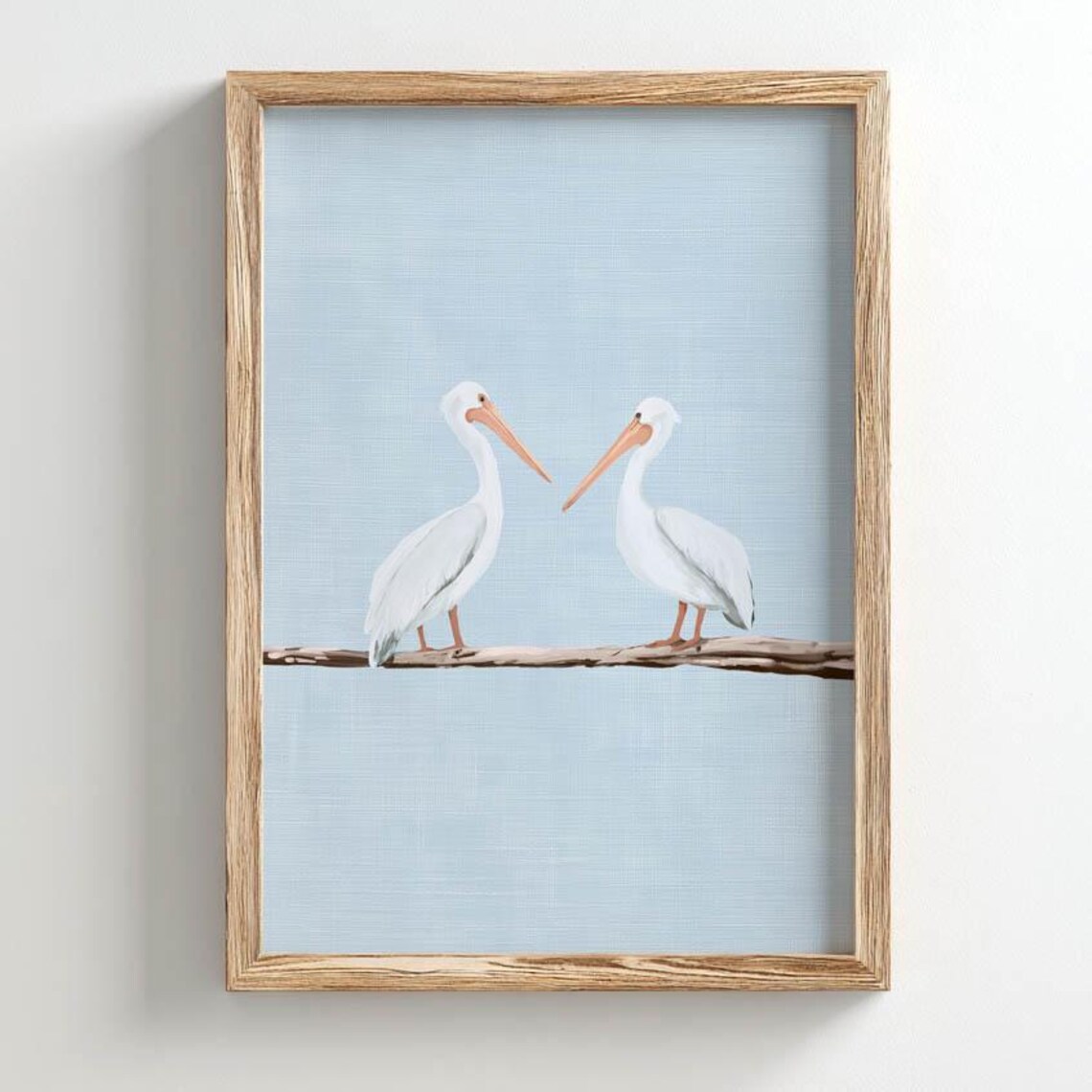 White Pelicans On Driftwood Branch Soft Blue Coastal Nautical Wall Print