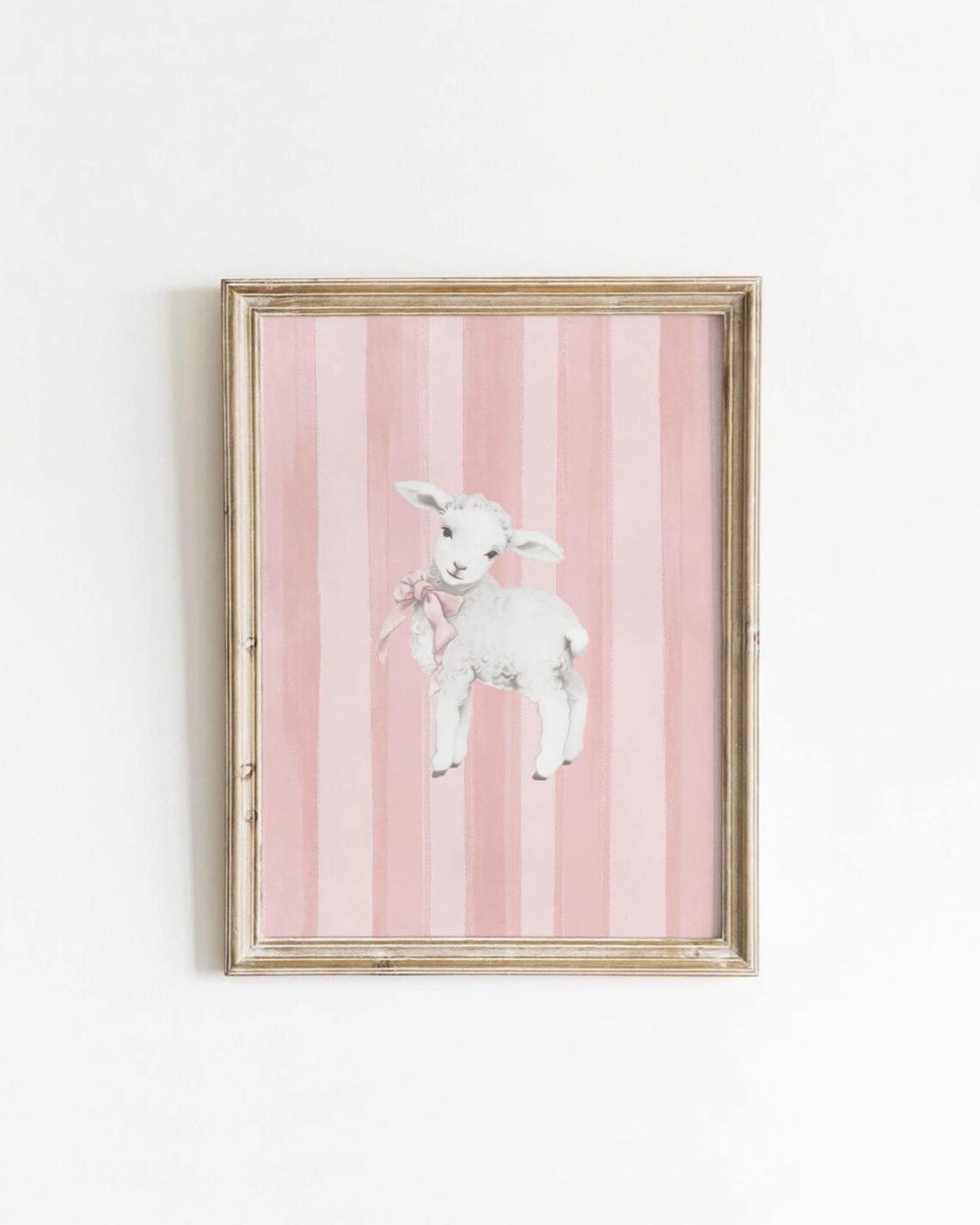Cute White Lamb with Pink Bow on Pink Stripes Nursery Animal Art Poster
