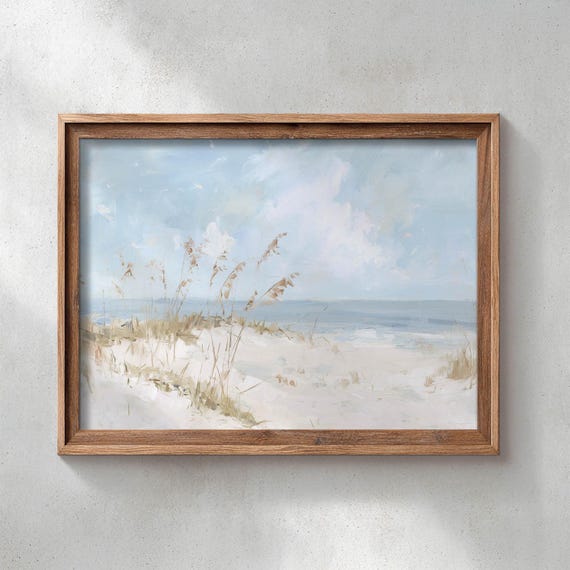 Printed Coastal Beach Dune Landscape Sea Oats Sandy Shore Muted Blue Vintage Painting Serene Wall Art P426