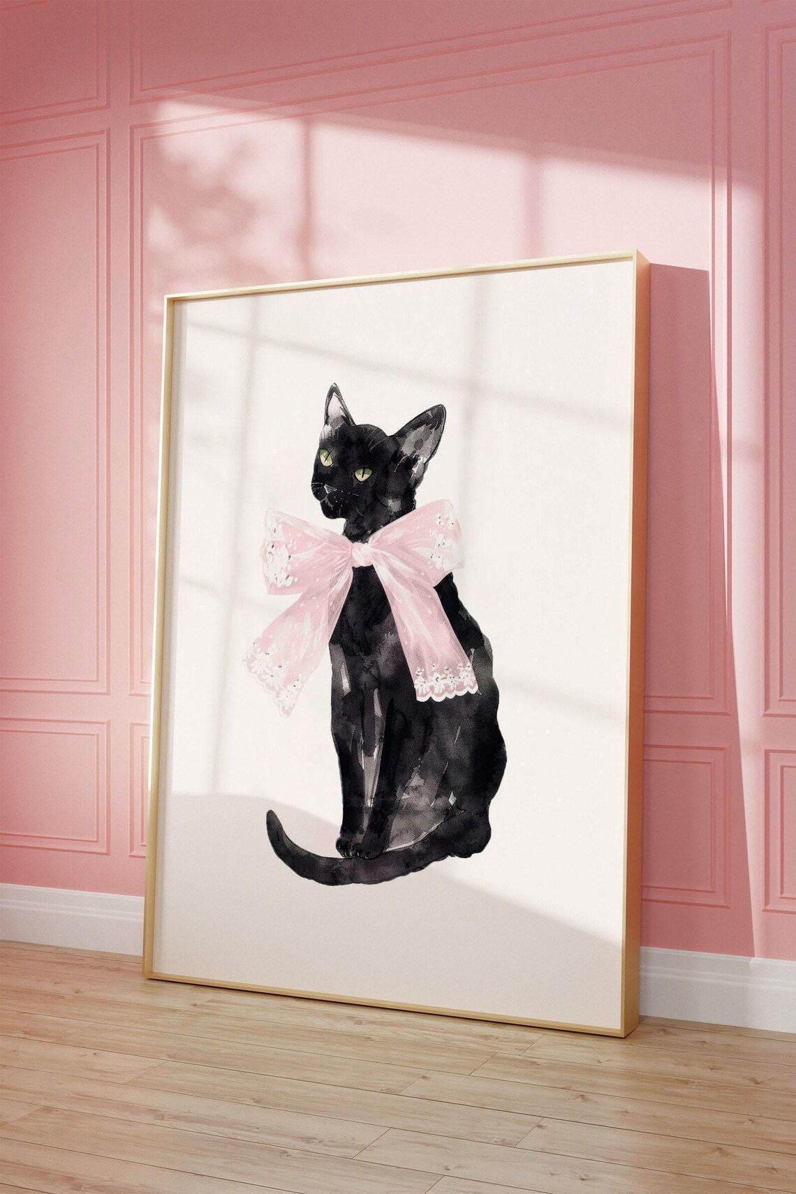 Vintage Black Cat Pink Bow Poster, Coquette Decor