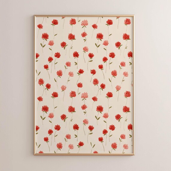 Red Clover Flower Pattern Vintage Feminine Botanical Wall Poster