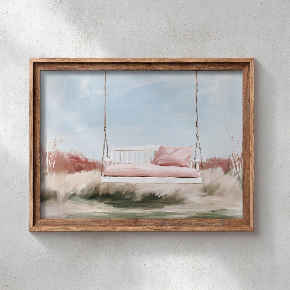 White Porch Swing Pink Cushions Dreamy Meadow Painting Wall Art