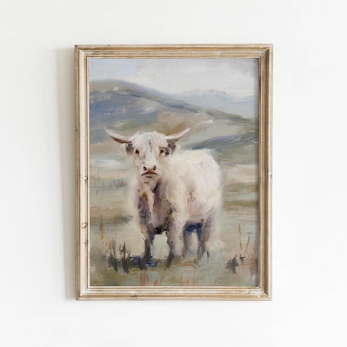 White Highland Cow in Misty Field Rustic Farm Animal Art Print