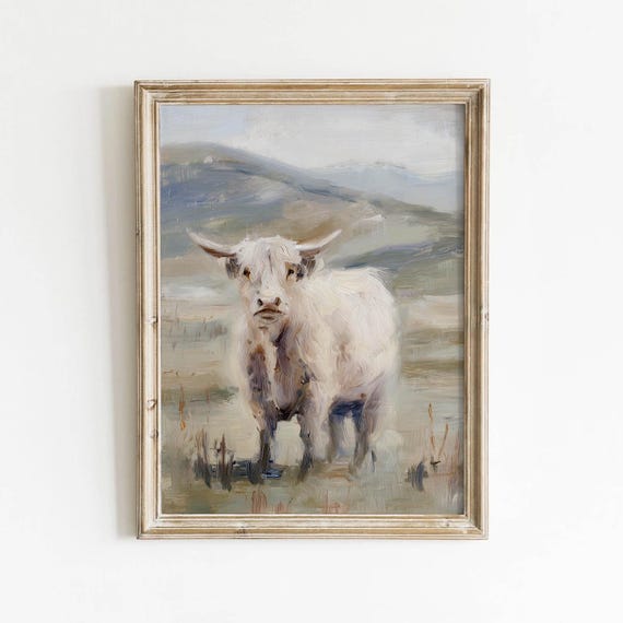 White Highland Cow Printable Rustic Farm Animal Wall Art Neutral Cottagecore Decor Digital Download 528