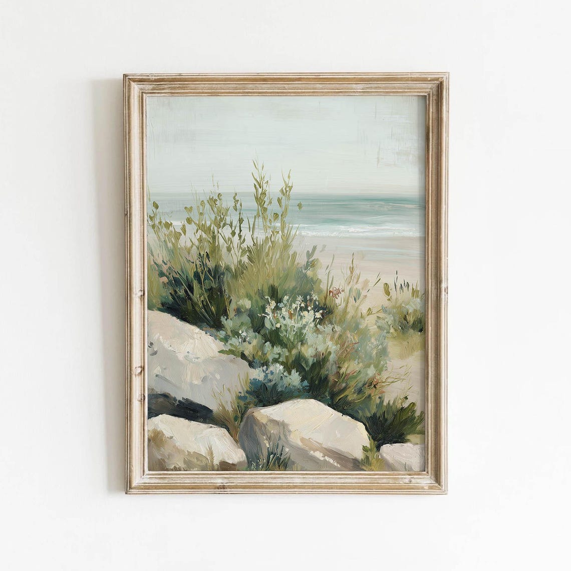 Rocky Shoreline Coastal Landscape Muted Sage Beach Ocean Poster