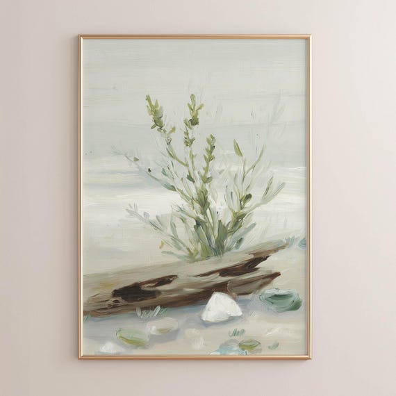 Printed Driftwood Beach Landscape Rustic Coastal Wall Art Vintage Seaside Decor Neutral Sage Green Stone Painting P442