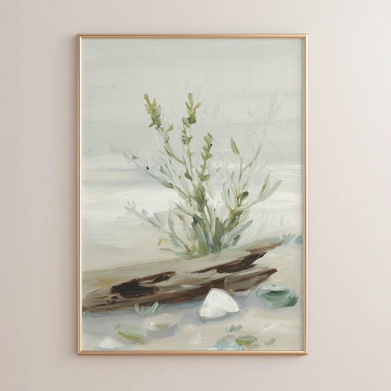 Rustic Driftwood and Sage Botanical Coastal Still Life Poster