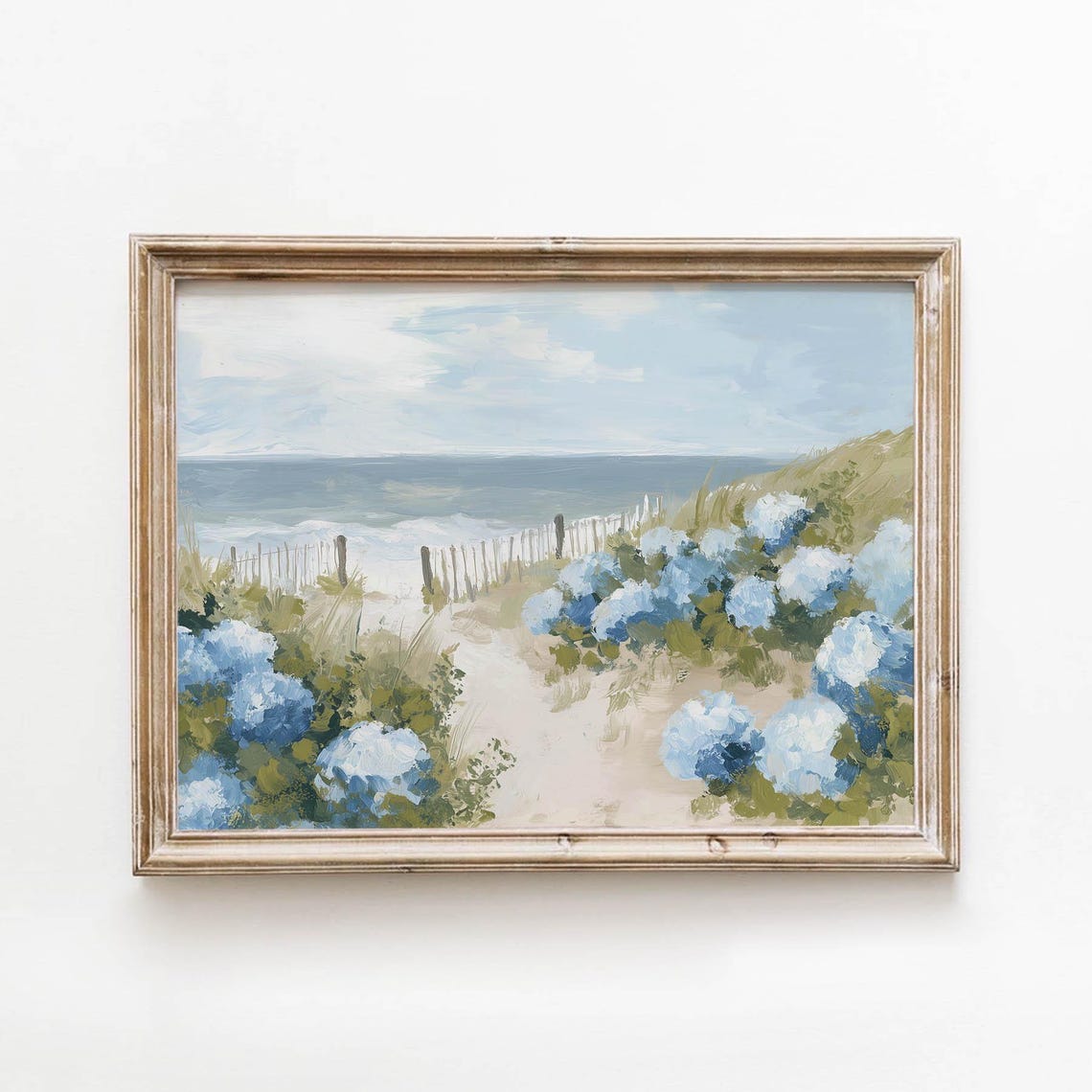 Blue Hydrangea Beach Path Wooden Fence Ocean Painterly Coastal Poster