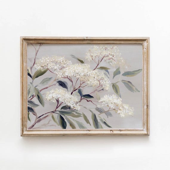 Vintage White Flowering Branch Printable Muted Sage Green Cottage Wall Art Classic Botanical Decor Digital Download 587