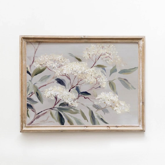 White Flowering Branch Vintage Sage Botanical Oil Painting Poster