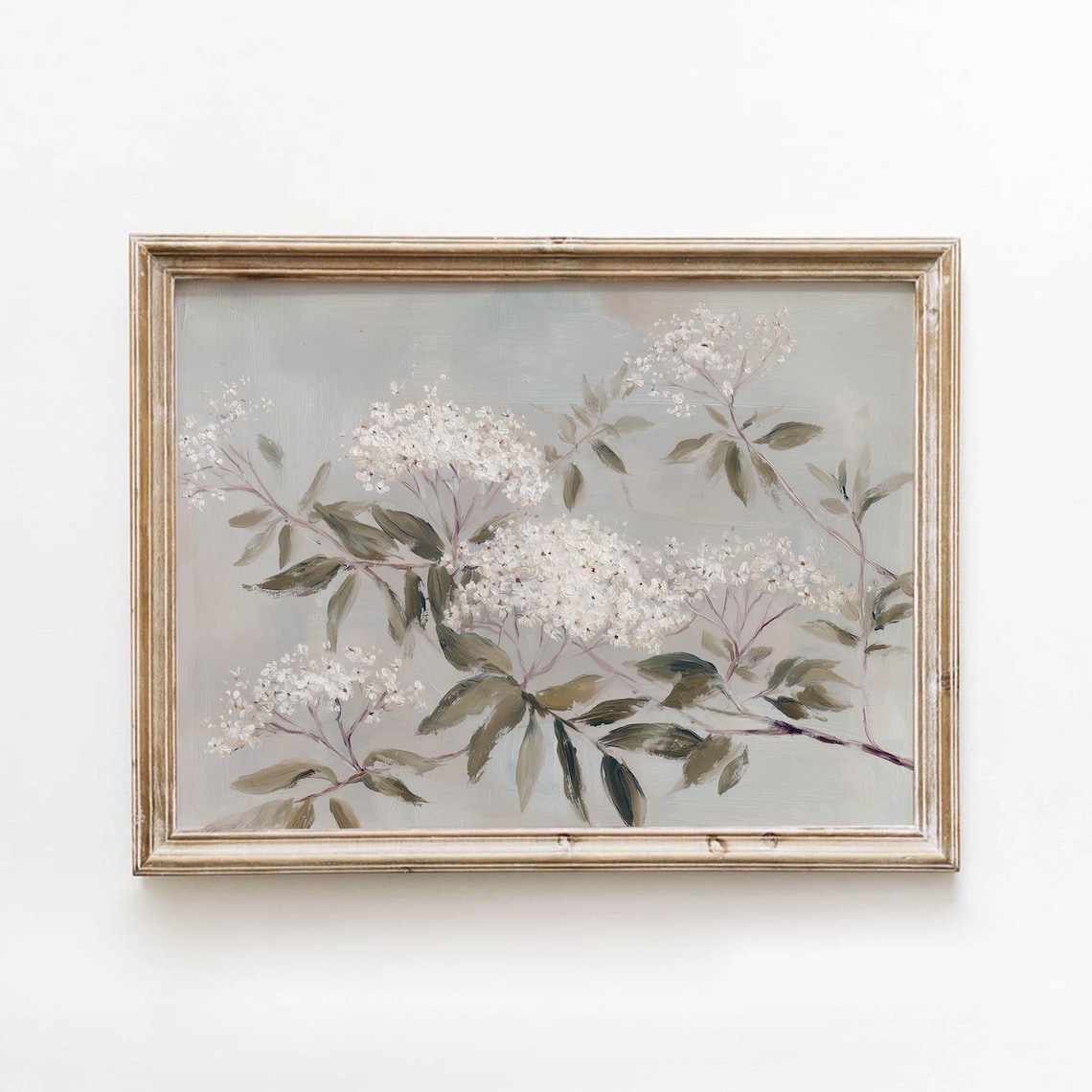 White Blossom Branches Muted Blue Vintage Botanical Cottagecore Art Poster