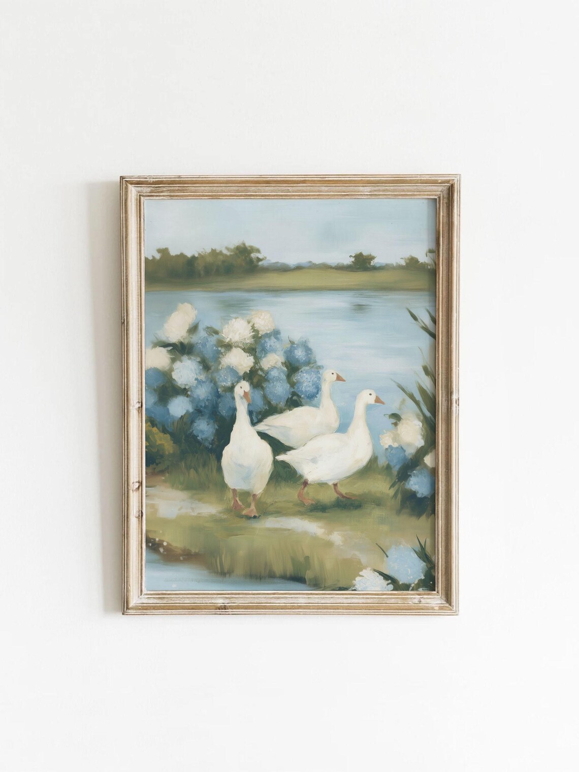Lakeside Geese, Blue Floral Hydrangeas Art Print