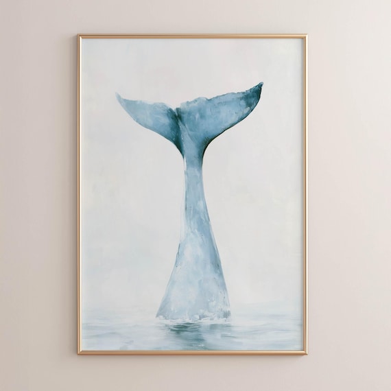Printed Whale Tail Rising Above Water Coastal Wall Art Serene Beach Decor Soft Blue Nautical Painting Calm Ocean Scene Print 0666