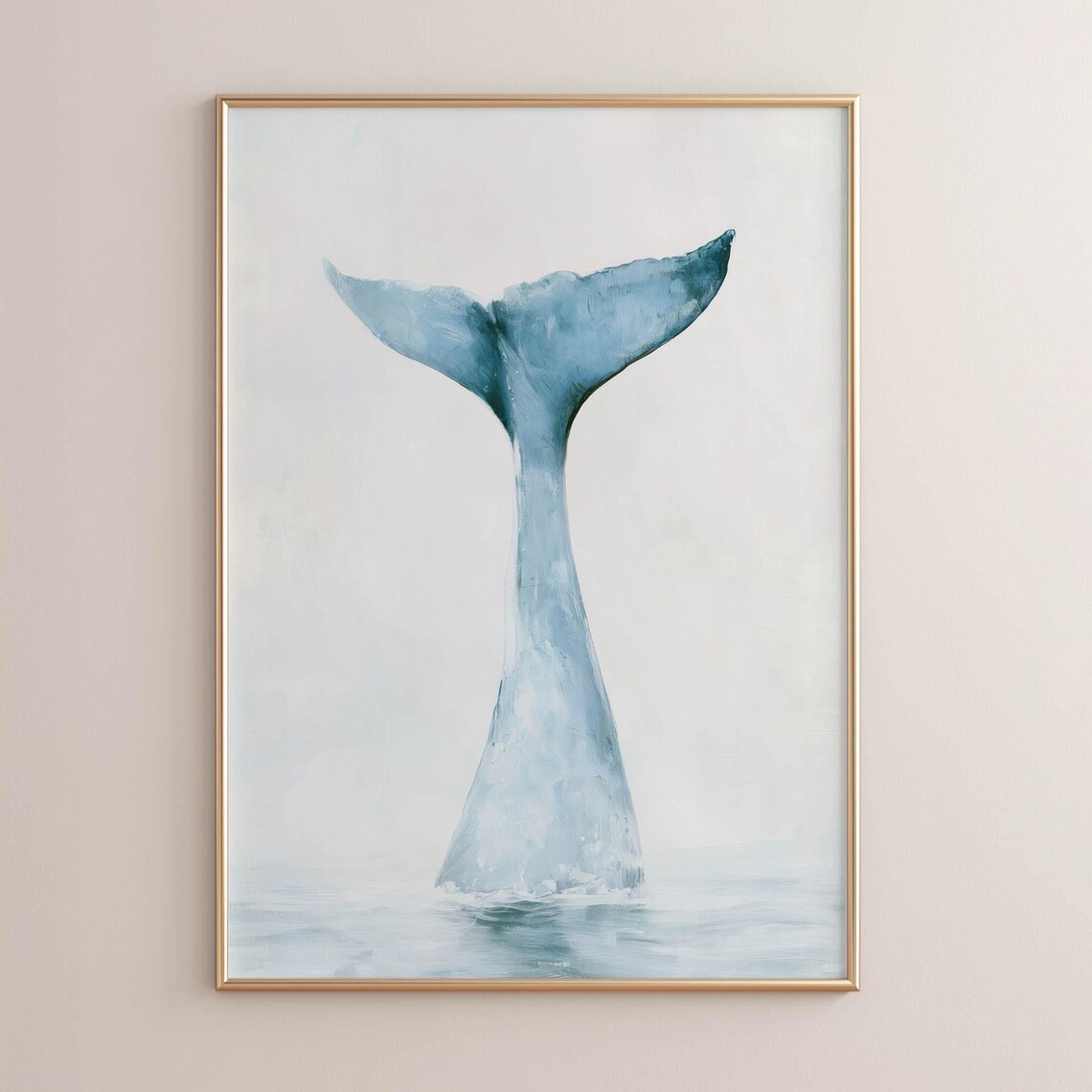 Whale Tail Rising Above Water Blue Watercolor Serene Beach Wall Print