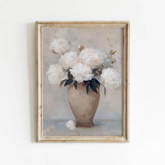 Muted White Peony Ceramic Vase Printable Neutral Floral Wall Art Vintage Still Life Decor Cottage Bedroom Cream Taupe Download 570