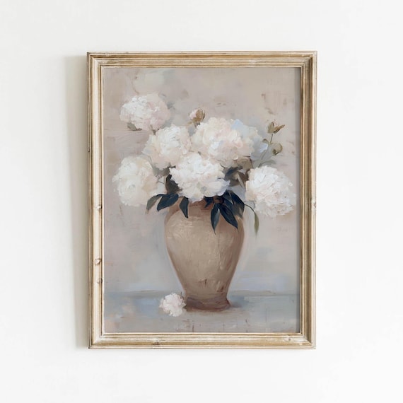 White Peonies Ceramic Vase Vintage Neutral Floral Art Poster