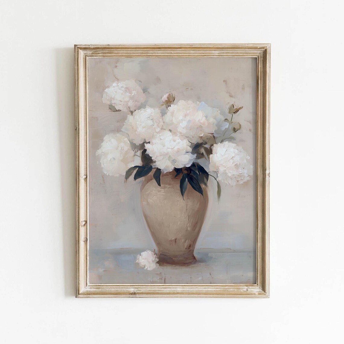 White Peonies Ceramic Vase Vintage Neutral Floral Art Poster