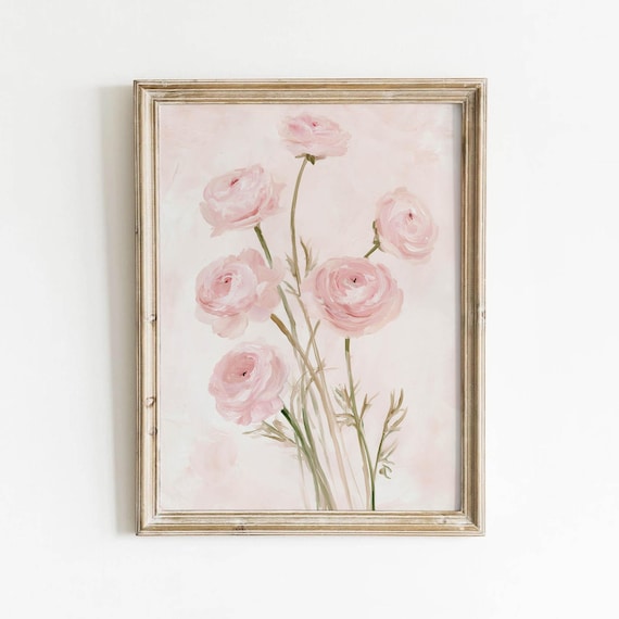 Printable Pink Ranunculus Flowers Botanical Wall Art Soft Floral Painting Sage Green Stems Feminine Spring Decor Digital Download 748