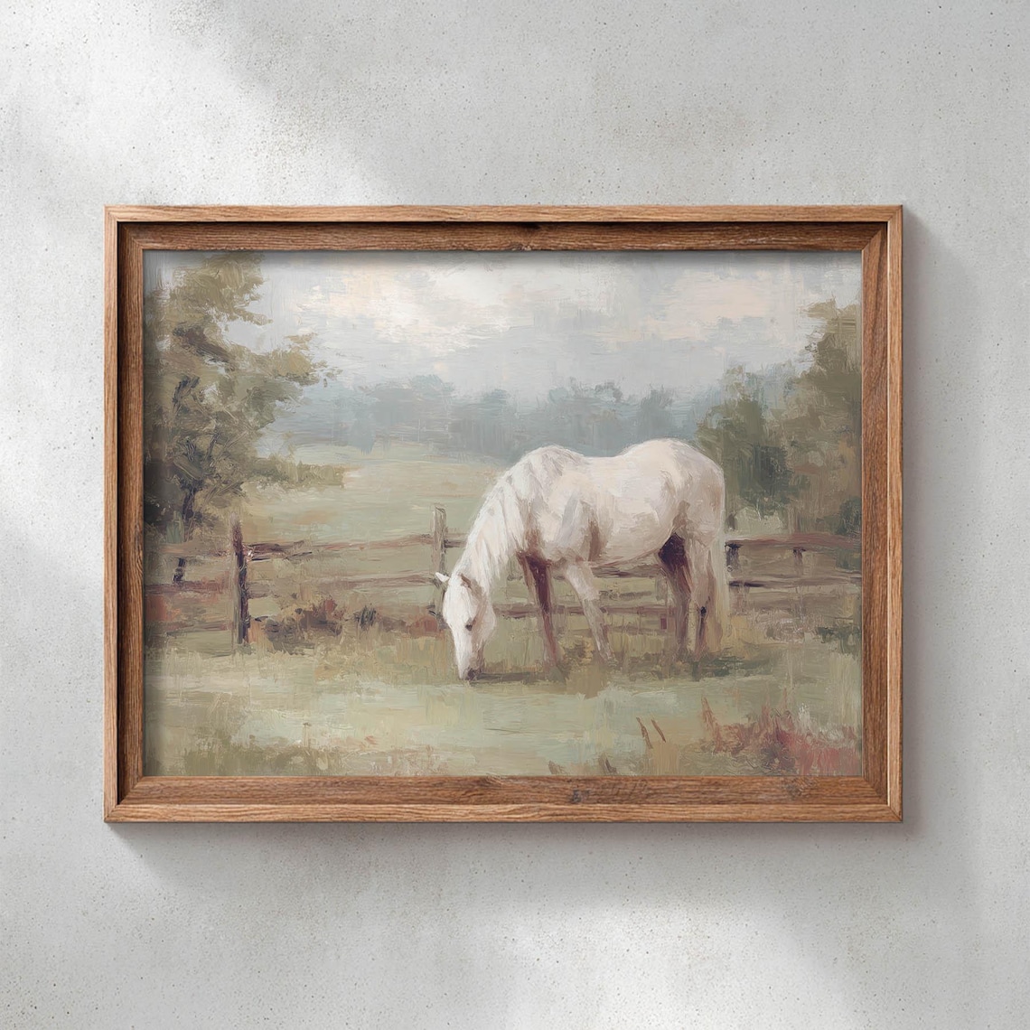 Calm White Horse Grazing By Fence Muted Country Landscape Poster