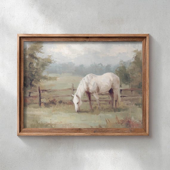 White Horse In Meadow Art Print Poster Rustic Farmhouse Decor Impressionist Landscape Muted Earthy Colors Serene Country Scene P205