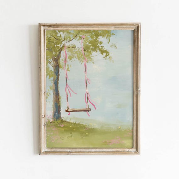 Soft Pink Ribbon Tree Swing Printable Pastel Garden Wall Art Cottagecore Decor Sweet Nursery Greenery Download 0317