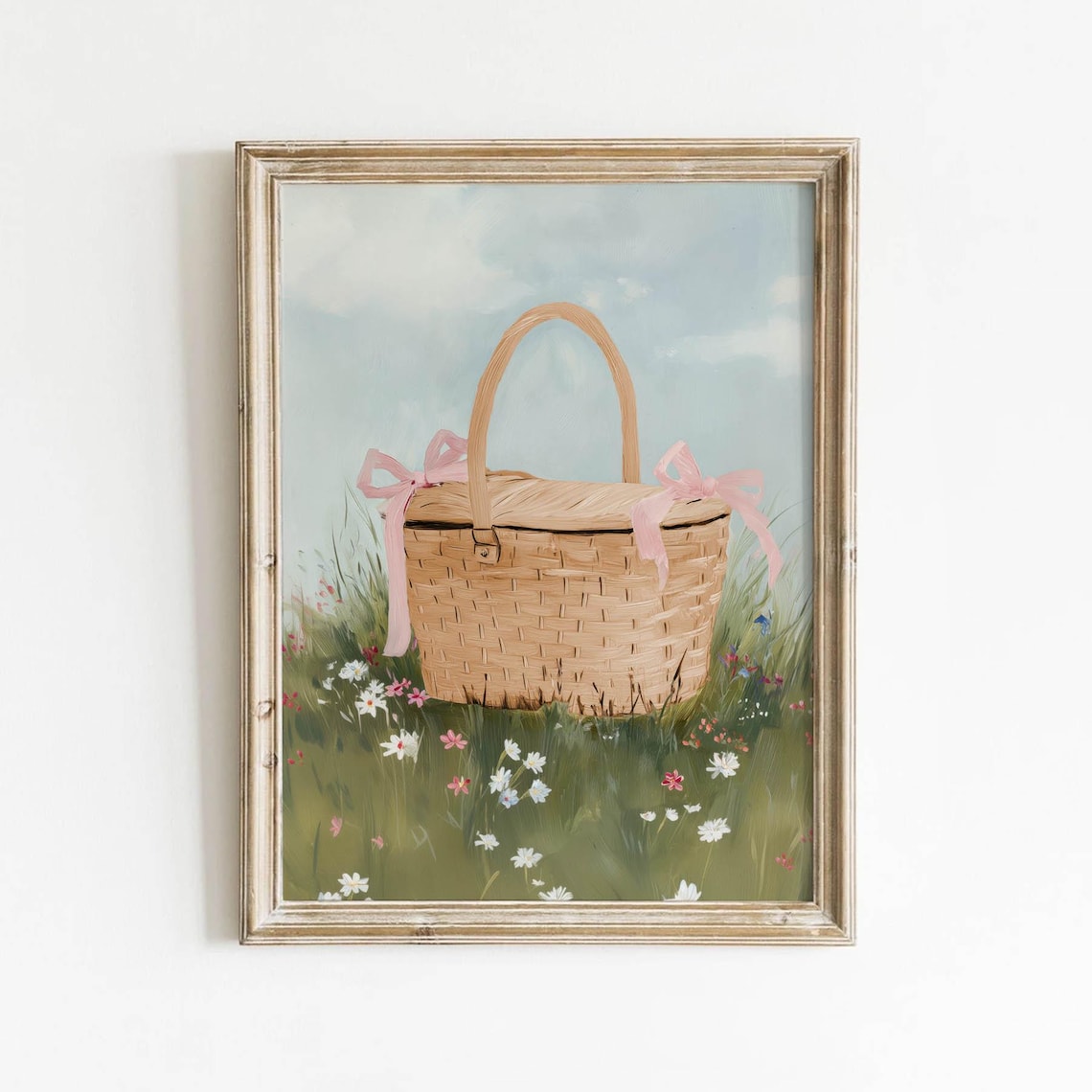 Wicker Picnic Basket With Pink Bows In Wildflower Meadow Poster
