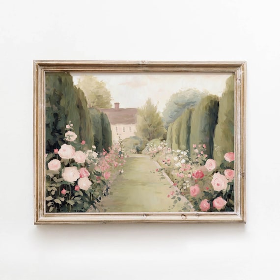 Sunlit Cottage Garden Path With Pink Roses Oil Painting Poster