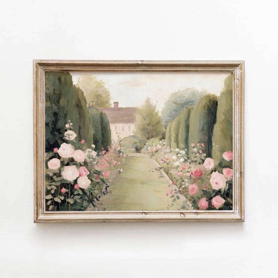 Sunlit Cottage Garden Printable Pastel Country Path Wall Art Vintage Cottagecore Decor Romantic Living Room Pink Download 0344