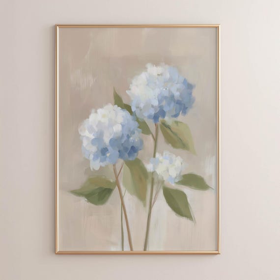 Pale Blue Hydrangea Trio Poster Print Vintage Floral Wall Art Calming Farmhouse Cottagecore Decor Soft Leaves Beige Background P99