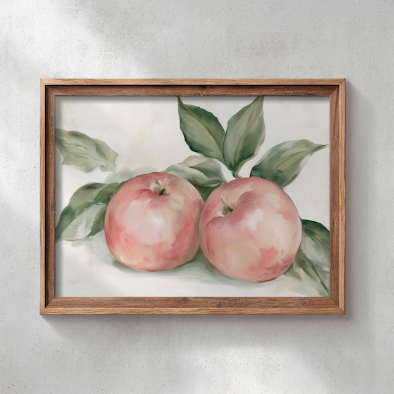 Printed Vintage Apple Still Life Wall Art Sage Green Leaves Dusty Rose Watercolor Farmhouse Kitchen Decor Cottagecore Painting P759