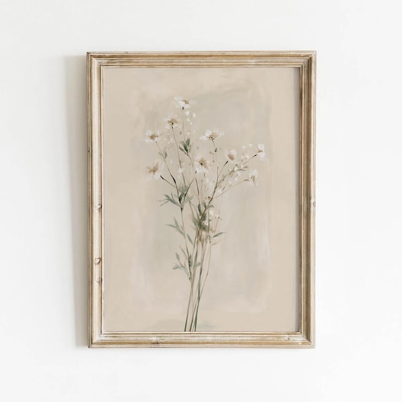 Delicate White Wildflowers Muted Sage Green Vintage Neutral Poster