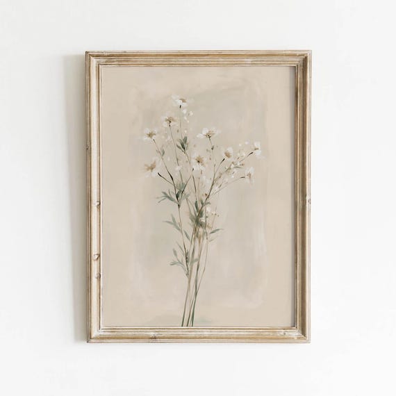Delicate White Wildflowers Printable Muted Neutral Botanical Wall Art Vintage Spring Decor Greige Background Digital Download 471