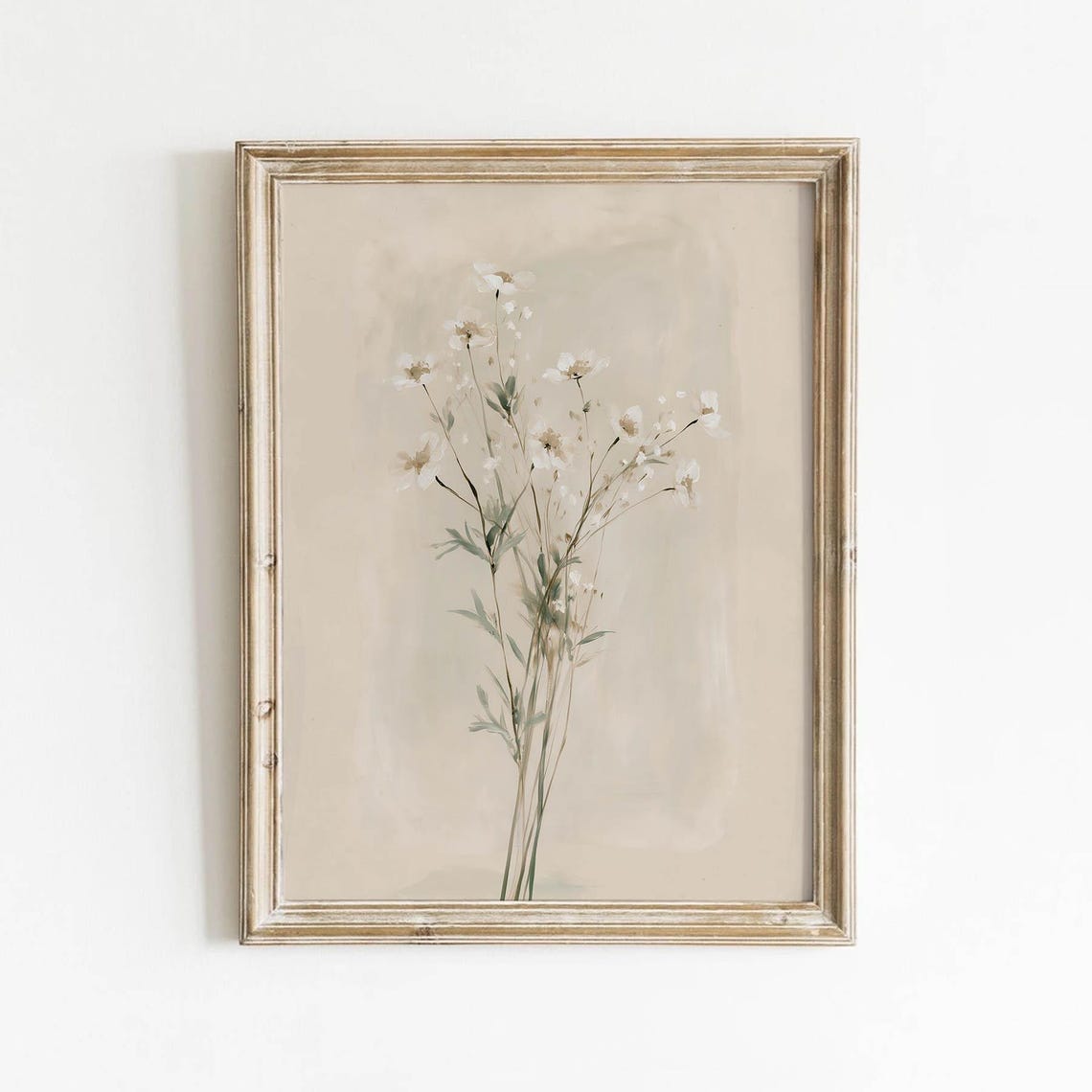 Delicate White Wildflowers Muted Sage Green Vintage Neutral Poster