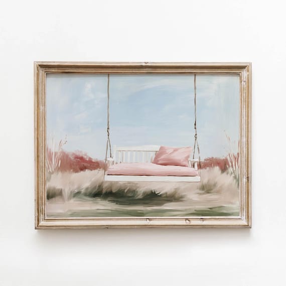 Printable Cottage Porch Swing In Blush Pink Romantic Farmhouse Wall Art Dreamy Countryside Painting Neutral Decor Digital Download 764