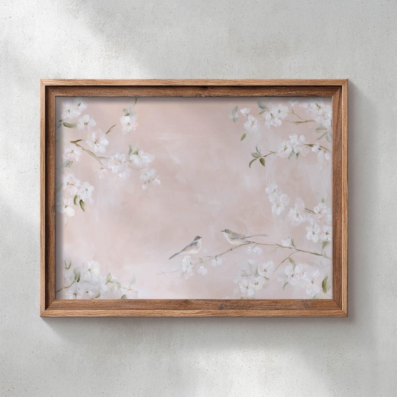 Printed Birds On Flowering Branches Wall Art Soft Pink Blossoms Romantic Cottagecore Decor Delicate Nature Landscape Poster 0675