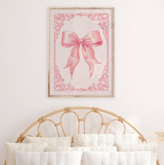 Preppy Pink Coquette Bow Poster, Vintage Girly Print